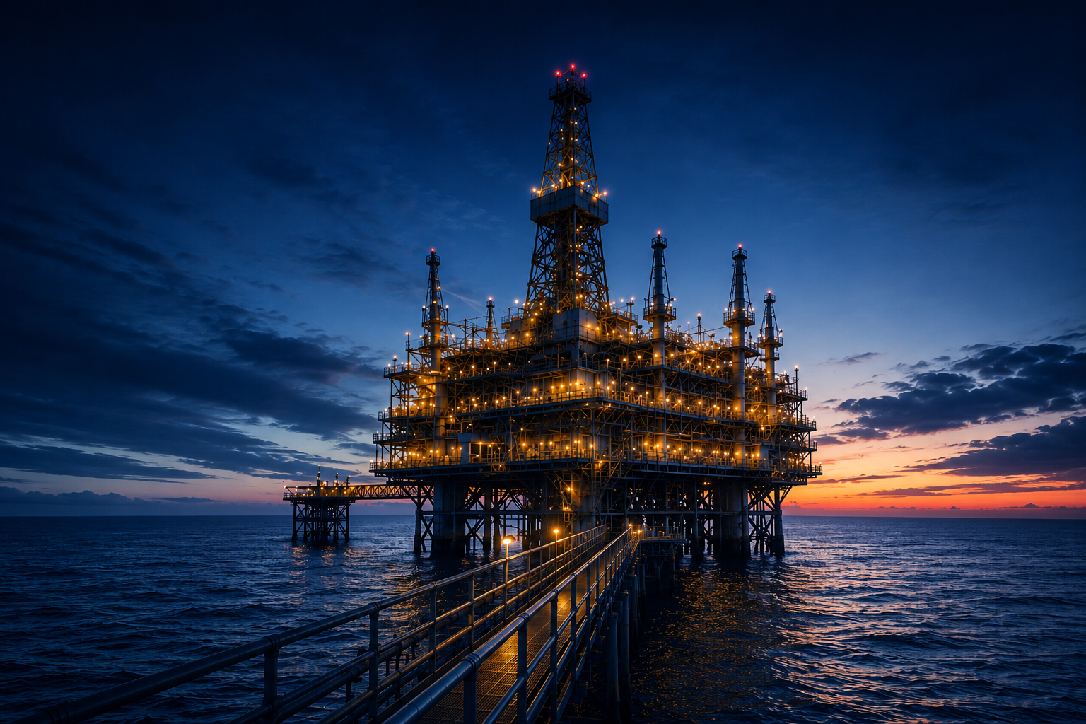 Offshore production platform lit at dusk