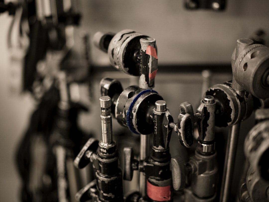 Valve assemblies in close-up under workshop light