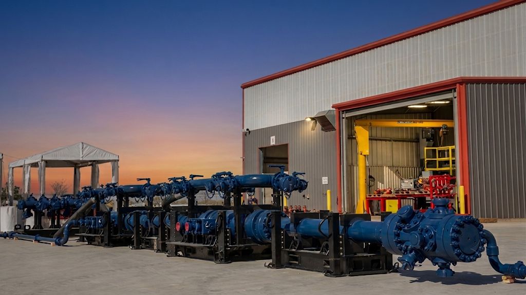 TechnipFMC plunger pump packages on skids outside a service workshop at dusk
